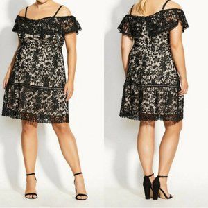 EUC City Chic Womens Black Tan Crochet Cold Shoulder A-Line Short Dress Med/18